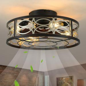 20" Caged Ceiling Fan with Light and Remote, Bladeless 6 Speed Reversible with 4 Bulbs and Remote Control. Low Profile Fan with Lights for Bedroom, Dining Room (Brown (2023 upgrade))