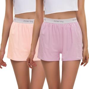 INNERSY Boxer Shorts for Women Cotton Sleep Shorts Soft Lounge Pajama Bottom 2-Pack (Large, Violet/Pink)