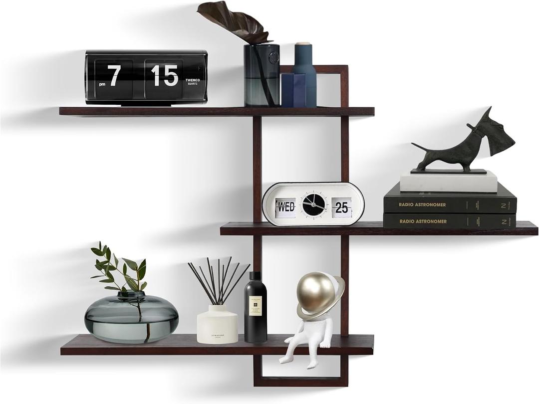 PHOENANCEE 3 Tier Wall Shelves, Decorative Floating Shelf for Wall ,Plants Photo Shelf Storage Display Shelving Wood for Living Room Bedroom Kitchen Home Office Decor,Modern,Large,22 Inch(Walnut