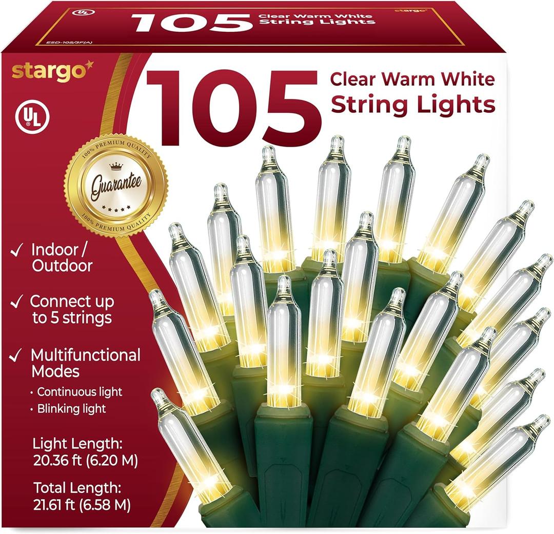 Clear Warm White Christmas Tree Lights - 20 ft String of 105 Incandescent Mini Bulbs Multifunctional Lighting Modes, for Decorative, Bedroom, Outdoor, Xmas Twinkle Lights with Green Wire Total 21.6 ft