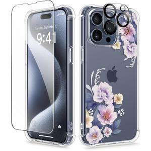 GVIEWIN for iPhone 15 Pro Case, [3 in 1] with Screen Protector & Camera Lens Protector, Clear Hard Shockproof Slim Fit Floral Phone Cover for Women Girls 2023 6.1" (Begonia Flowers/Blue)