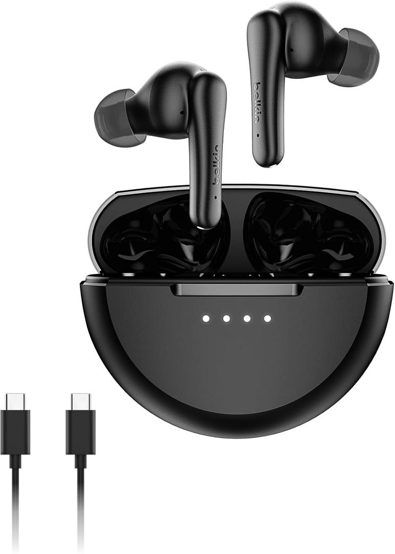 Belkin SoundForm Rhythm ANC True Wireless Earbuds w/Built-in Microphone, USB C Fast Charging, 28H Battery Life, IPX5 Water Resistance - Bluetooth Earbuds for iPhone, iPad, Galaxy, Pixel, etc. - Black