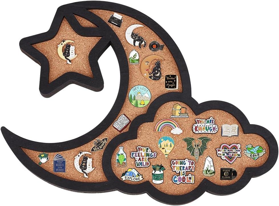 BENECREAT Cloud Moon Pin Board Cork Board, 12.4x10inch Star Bulletin Display Board Wall Mounted Board with Black Frame for Brooch Pin Storage Display, Office Home School Decor