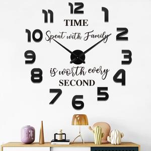 Large Frameless 3D DIY Wall Clock,3D Mirror Wall Clock Large Mute Wall Stickers for Living Room Bedroom Home Decorations, (Black)
