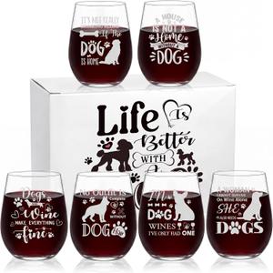 Remerry 7pcs Dog Mom Wine Glasses with Box Dog Lover Gifts for Women Funny Stemless Wine Glass Present Birthday Gift for Mom, Dad, Wife, Women, Men
