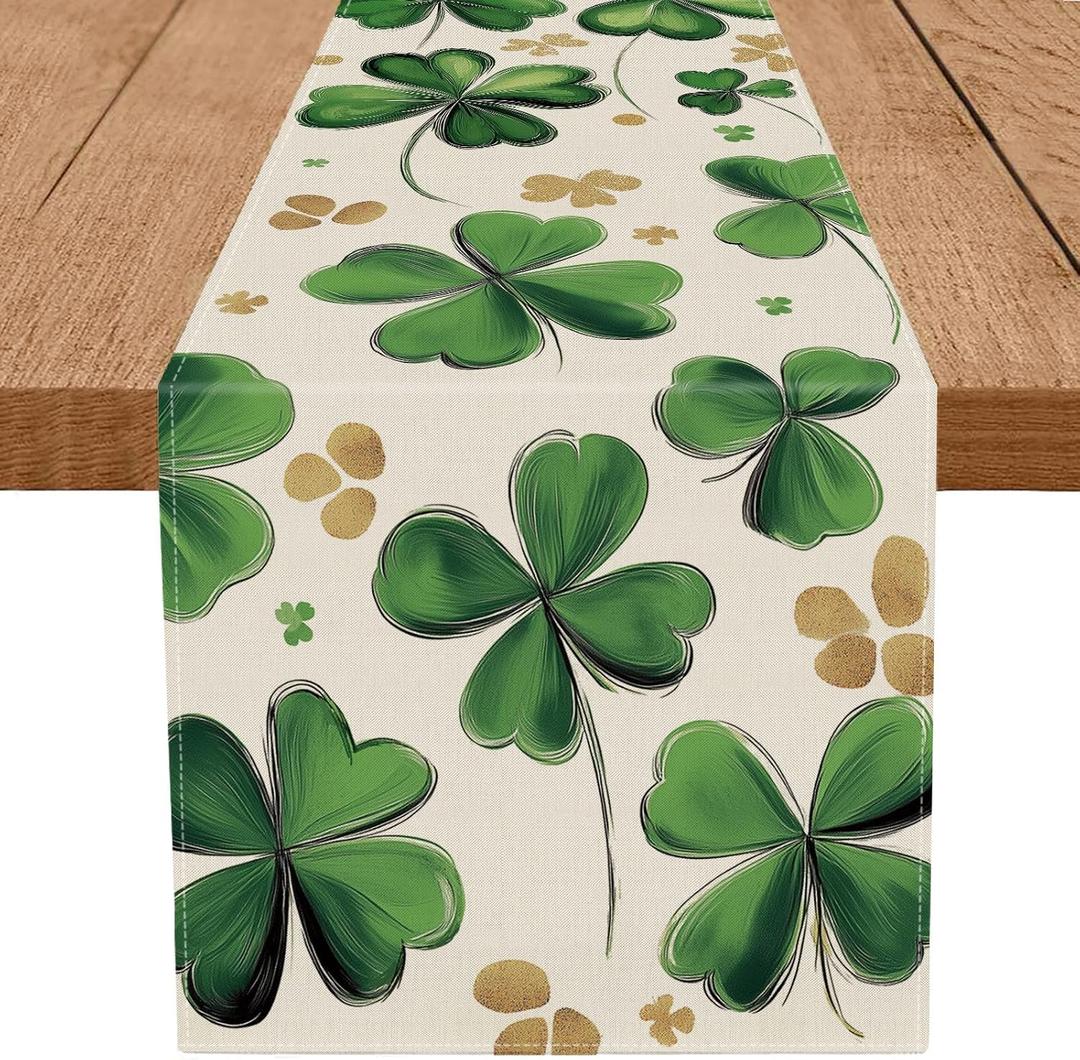 St Patricks Day Table Runner Four Leaf Clover Gold St. Patrick's Day Runners Table Decorations Holiday Spring Kitchen Dining Home Party Supply 13x72 Inch