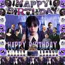 Wednesday Addams Birthday Supplies -Wednesday Birthday Party Decorations include Happy Birthday Banner, Tableware Set, Tablecloth, Backdrop, Cake Toppers, Cupcake Toppers, Latex Balloons