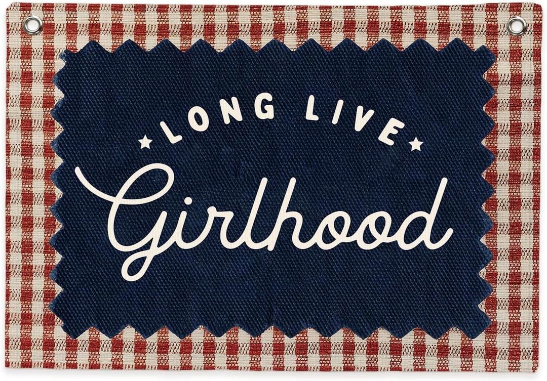 SJDFCSA Long Live Girlhood Banner Canvas Wall Hanging, Baby Girl Nursery Decor Wall Art, Retro Preppy Red Plaid Wall Decor Hanging Banner Flag for Kids Girls Toddler Room Bedroom Playroom, 30x20 Inch