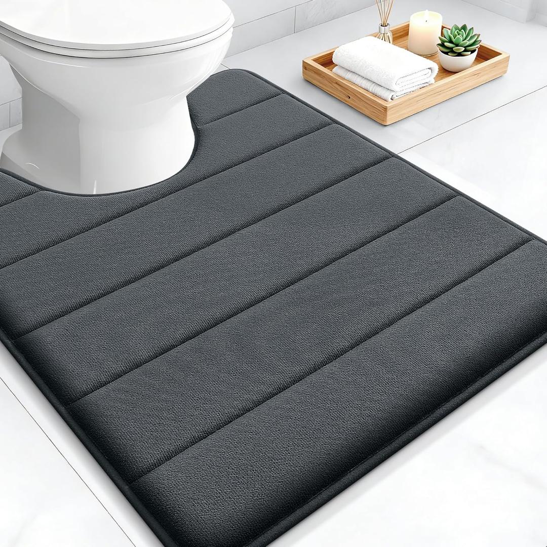 OLANLY Memory Foam Toilet Rugs U Shaped 24x20, Super Soft Absorbent Contour Bath Rugs, Quick Dry, Machine Washable Toilet Mat, Bathmat Floor Carpet, Bathroom Home Decor Accessories, Dark Gray