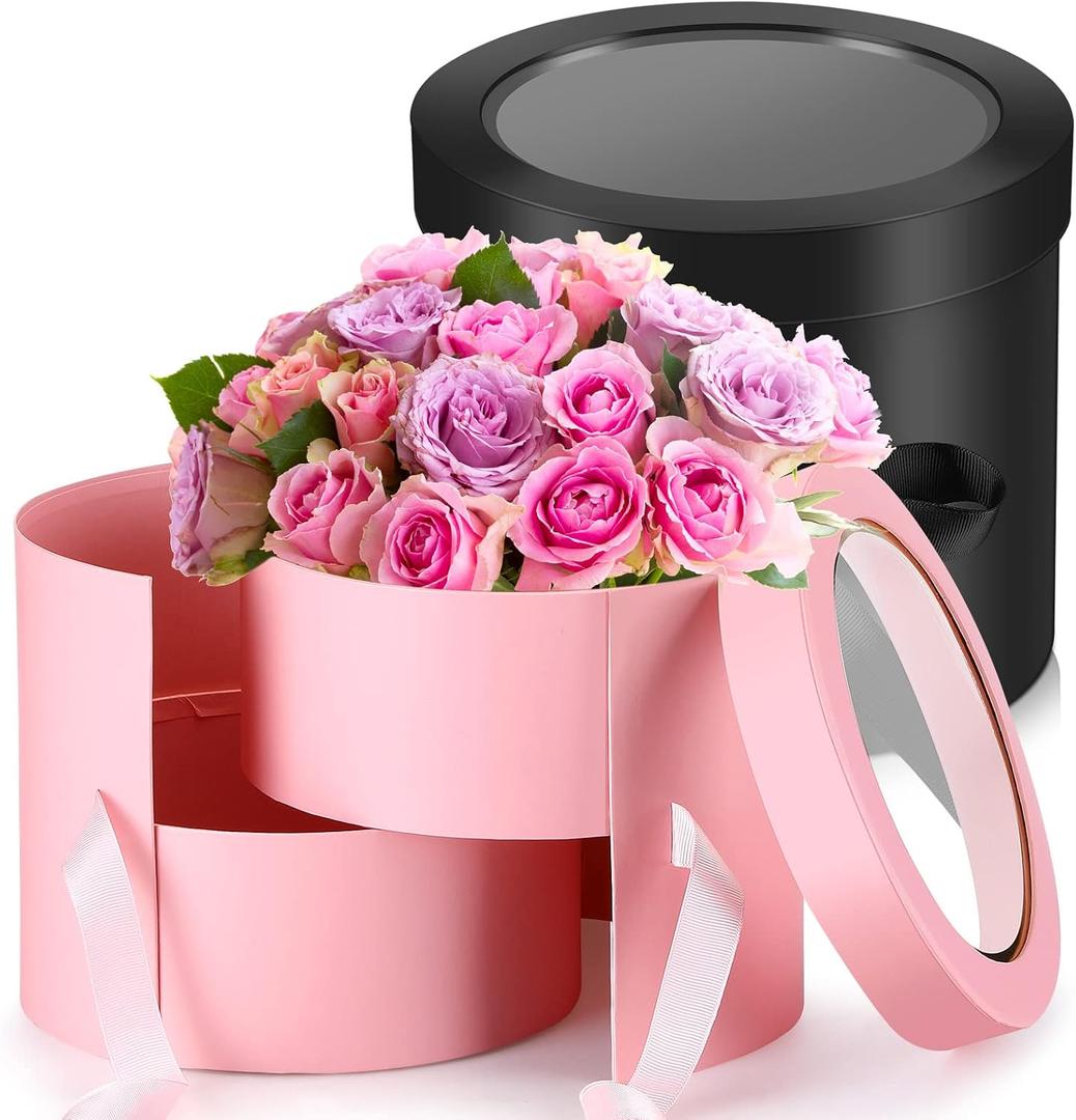 Fuutreo 2 Pcs Round Flower Boxes for Arrangements Gift Boxes with Lid 7.8 x 7.8 x 6.8 Inch Double Layers Rotating Rose Vase Bouquet Wedding Birthday Decorations, Black and Pink