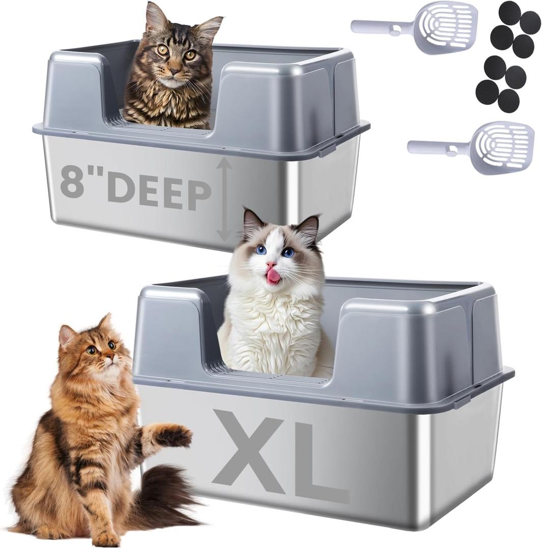 2 Pack Stainless Steel Cat Litter Box with Lid, 23.7" L x 15.8" W x 13.8" H XL Metal Litter Tray for Big Cats, High Sided Enclosure, Non-Sticky, Anti Urine Leakage, Easy Cleaning