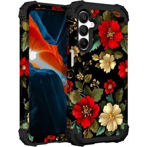 PIXIU Unique Flower Pattern Compatible with Samsung Galaxy A16 5G case, Heavy Duty Dual Layer Shockproof Full-Body Protective Sturdy Hybrid Cute Rugged Case for Women,Girls,Kids-Red Floral (A13)