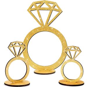 3 PCS Bridal Shower Centerpieces for Tables Diamond Ring Sign Table Centerpieces Gold Glitter Wooden Diamond Ring Sign Decor for Wedding Anniversary Supplies Batcholette Engagement Party