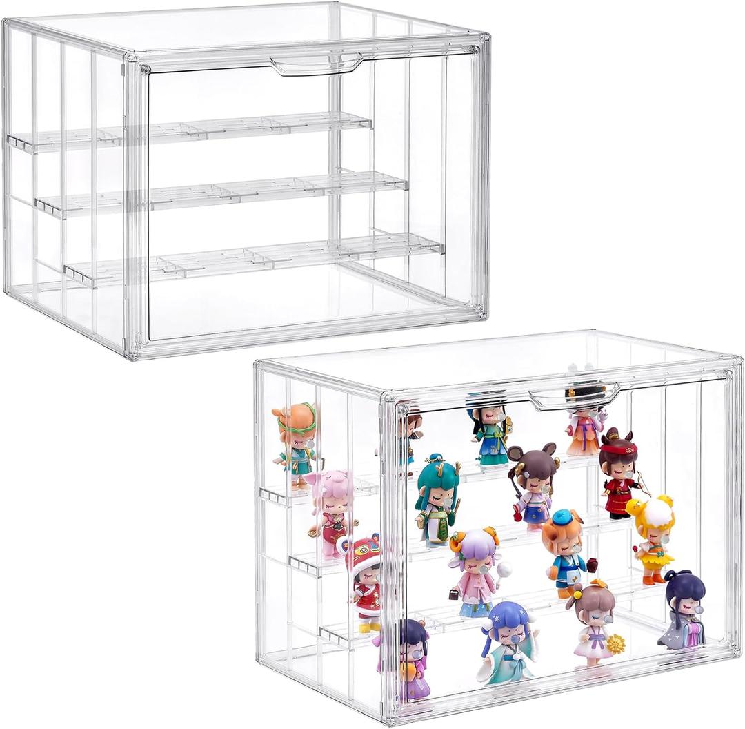 ToBeAce 4 Tier Acrylic Display Case for Collectibles, 2 Pack Clear Adjustable Figure Display Case with Magnetic Door, Stackable Storage Box Showcase with 3 Shelves for Action Figures,Dolls,Toys, Large