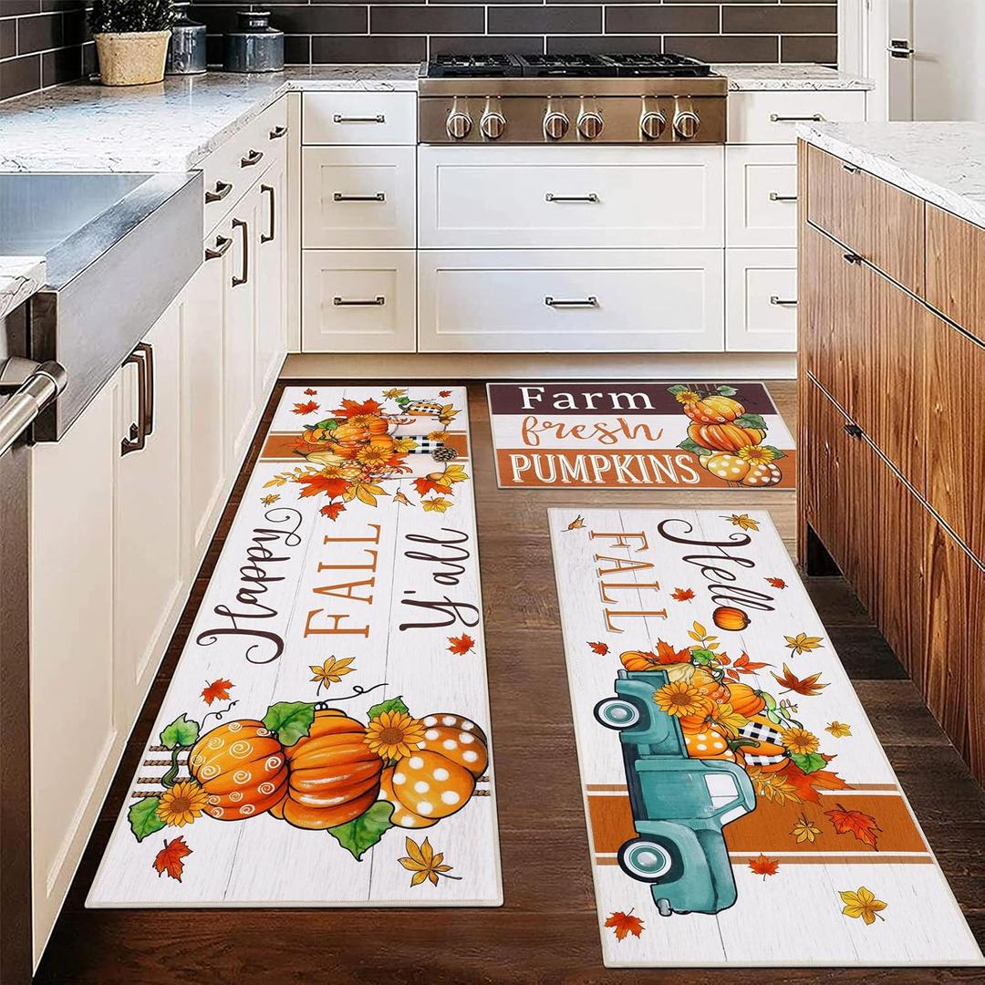 Ileading Fall Kitchen Rugs Set - 3 Piece Mats with Non Slip Backing, Washable Runner for Sink, Laundry, Hallway & Indoor Decoration (Striped Pumpkins)