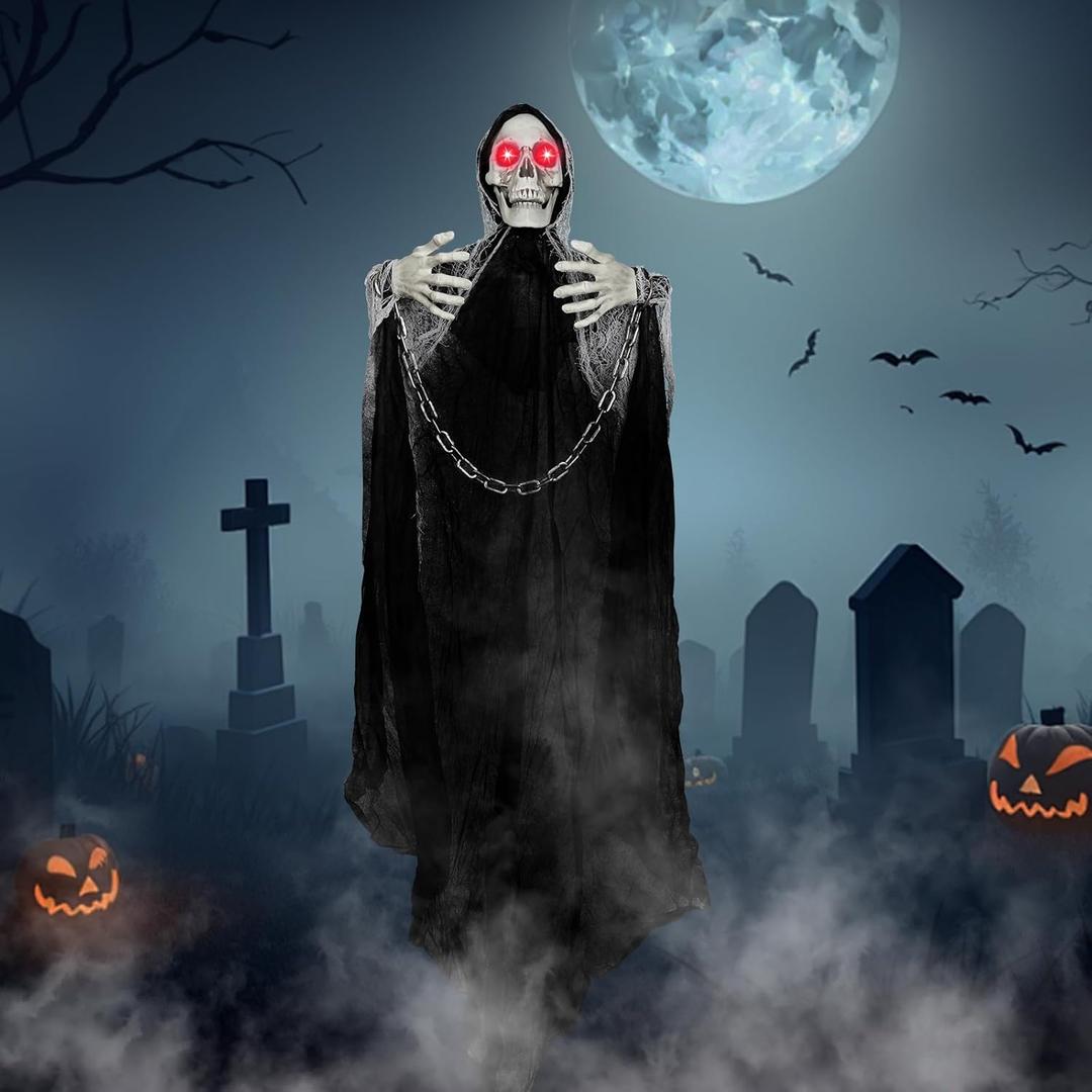 77.5" Halloween Decorations Outdoor - Moving Life-Size Skeleton Witch with Glowing Eyes & Chain, Sound-Actived Halloween Party Decoration with Creepy Sound (Black)