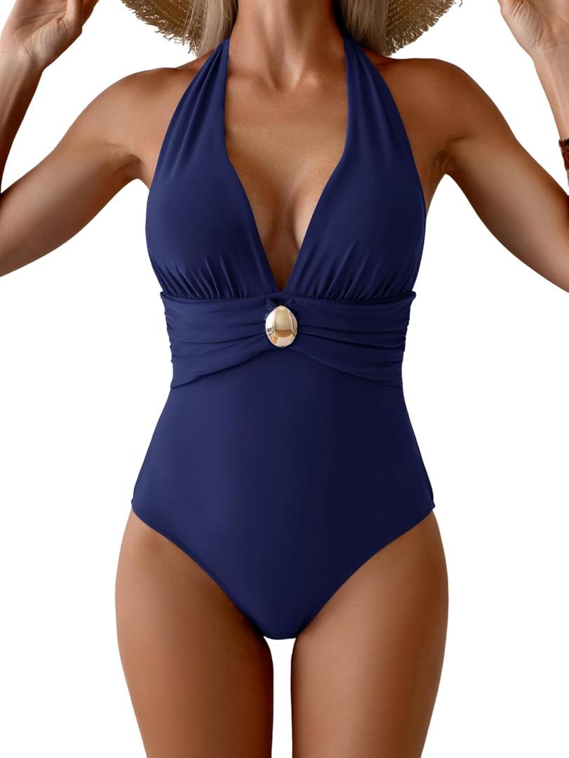 Women's One Piece Swimsuit Sexy Halter V Neck Bathing Suit Tummy Control Ruched Metal Swim Suit (XX-Large)