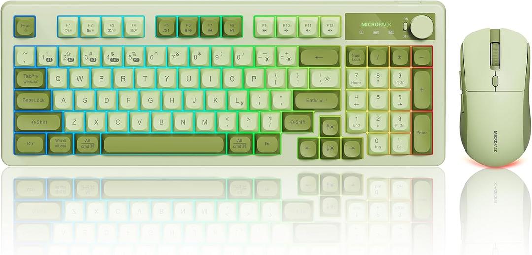 Wireless Keyboard and Mouse Combo Creamy with Number Pad for Desktop Mac iPad Bluetooth/2.4ghz/Wired Rechargeable Light up RGB Quiet Compatible with PC Laptop Tablet (Green)