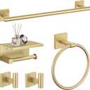 TURS 5-Pieces Brushed Gold Bathroom Hardware Set 23.6 Inch SUS304 Stainless Steel Towel Bar Set Wall Mounted Square Toilet Paper Holder with Shelf