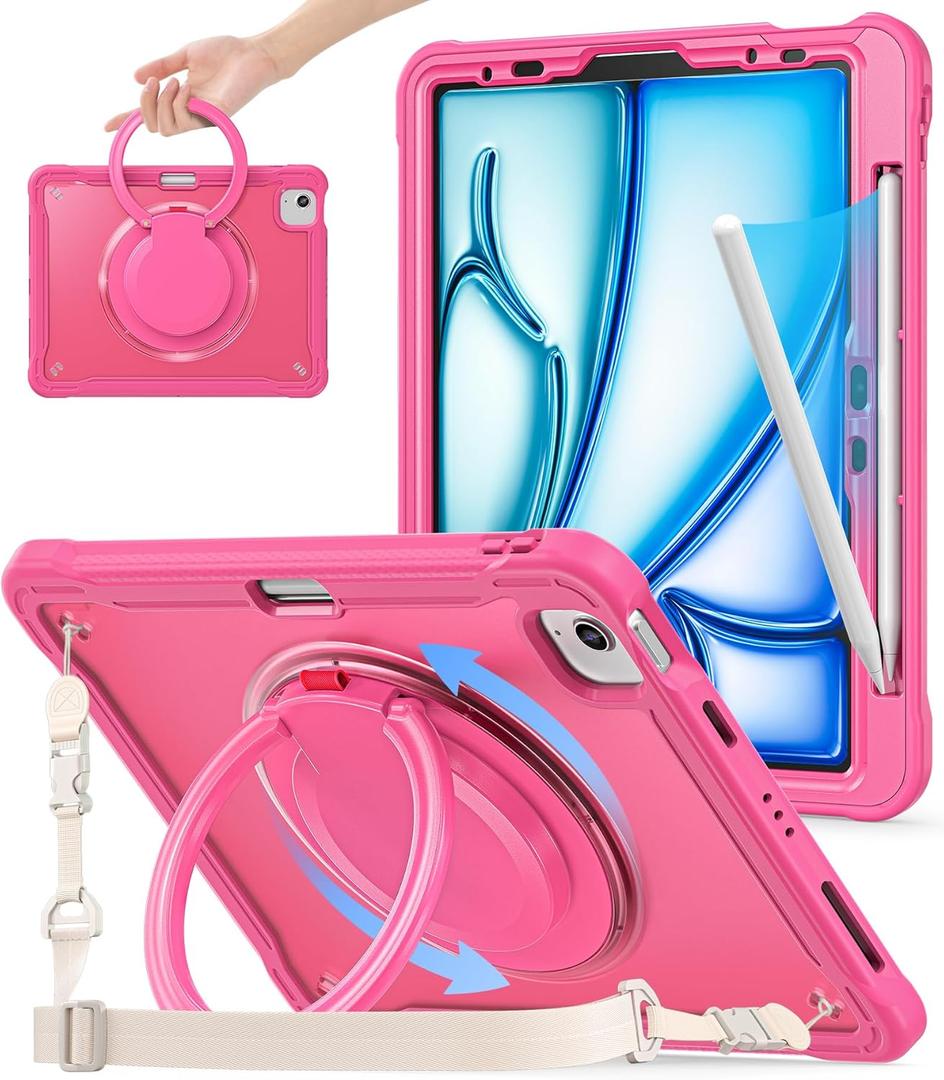 BATYUE Case for iPad Air 11-inch M4(2026)/M3(2025)/M2(2024), iPad Air 4/5 10.9" & Pro 11" 2018-2022 - Shockproof Case with 360 Rotating Stand & Handle, Pencil Holder, Shoulder Strap, Rose