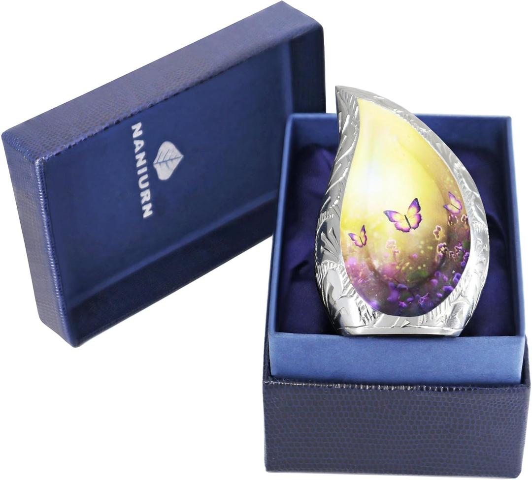 Small Urns for Human Ashes Keepsake, Cremation Urn for Ashes for Women & Men, Yellow Butterflies Teardrop, Mini Decorative, Butterfly and Lavender, Brass Miniature Urn - Little Tear Drop