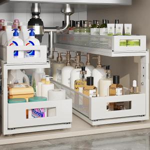 Corbyles 2 Pack 21.3IN-Depth Under Sink Organizer With Next-Gen Ball-Bearing Slides,2-Tier Pull Out Cabinet Storage,Height Adjustable Drawer Shelf for Bathroom,Kitchen,Laundry,Cabinet,Pantry-White