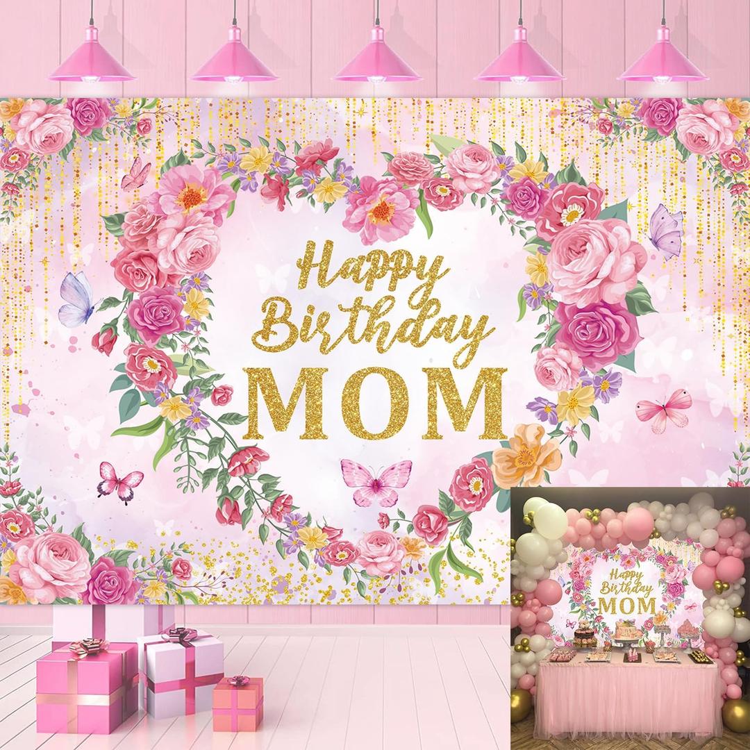 Happy Birthday Mom Backdrop Pink Flower Heart Glitter Mother's Day Decor Photography Background Mom's Birthday Backdrop for Women Party Decorations Banner Photo Props (7x5FT)