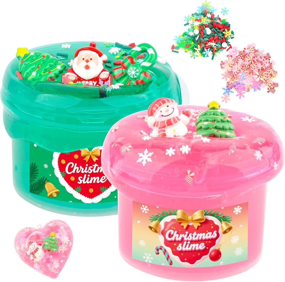 Pink and Green Christmas Crystal Slime 2pack for Kid Christmas Stocking Slime for Kids - Toys Slime Kit Xmas Gifts for Classroom Rewards TeensGirls Boys 4-10 Kids Year Old and Adults