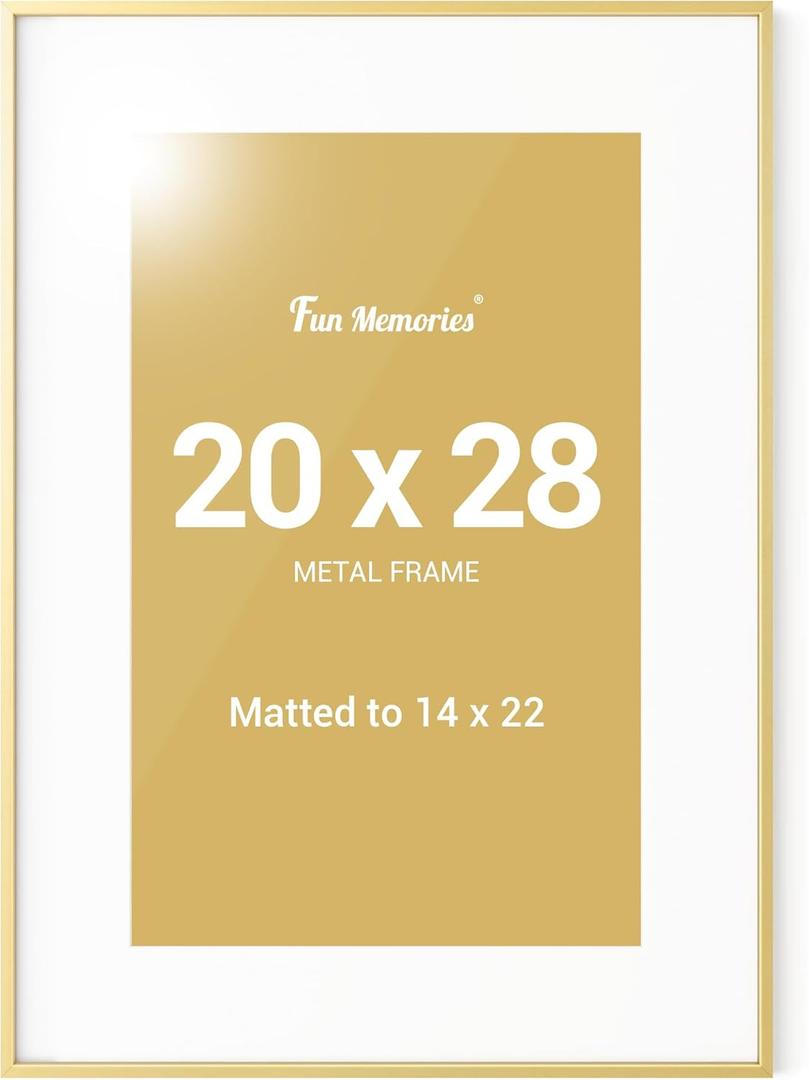Fun Memories 20x28 Picture Frame Gold, Aluminum 20 x 28 Poster Frames with 14x22 Removable Mat, Vertical and Horizontal Display, Wall Hook Hanging, High-Definition Plexiglass, Set of 1