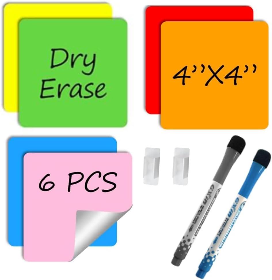 Reusable Dry Erase Sticky Notes with Dry Erase Markers & Clips. Multi-Color 4x4 6-Pack! Eco-Friendly & Washable-Perfect for Lists, Labels & Reminders. Your Sticky Note for Home & Office!