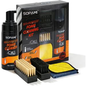 SOPAMI Shoe Cleaning Kit – Premium Foam Shoe Cleaner with Soft & Stiff Bristle Brushes and Microfiber Towels – Shoe Cleaner for Gym Tennis Sneakers, White Shoes, Leather, Mesh, Knit, Canvas & Nubuck