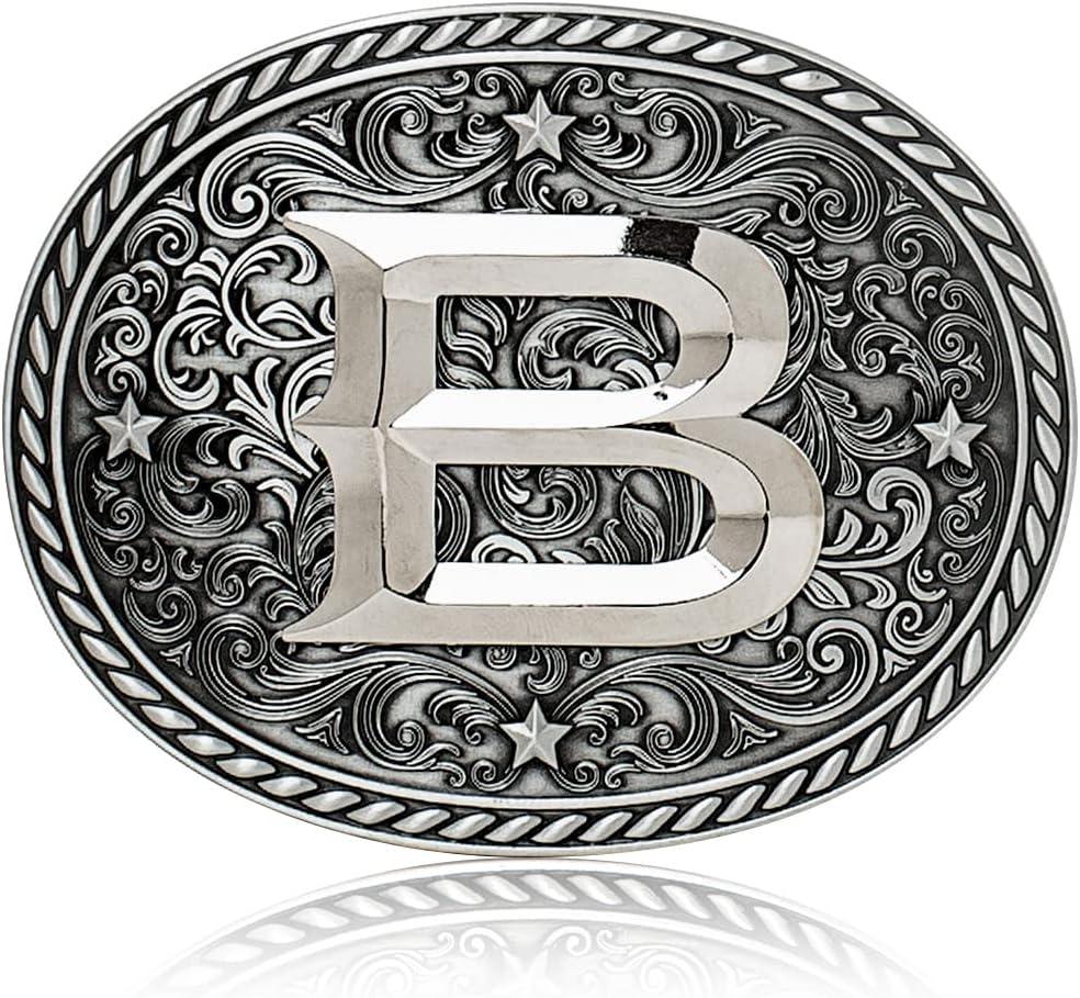 Western Cowboy/Cowgirl Initial Belt Buckle-Silver- Large Letter Buckles for Men and Women - Custom Girls/Boys