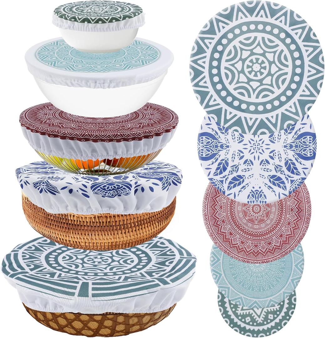 10 Pcs Cloth Bowl Cover, 5 Size Reusable Fabric Bowl Cover, Elastic Food Bowl Cover, Portable Bowl Top Cover Travel Bowl Cover Food Storage Bowl Cover for Party Picnic Travel Leftover Storage (Flower)