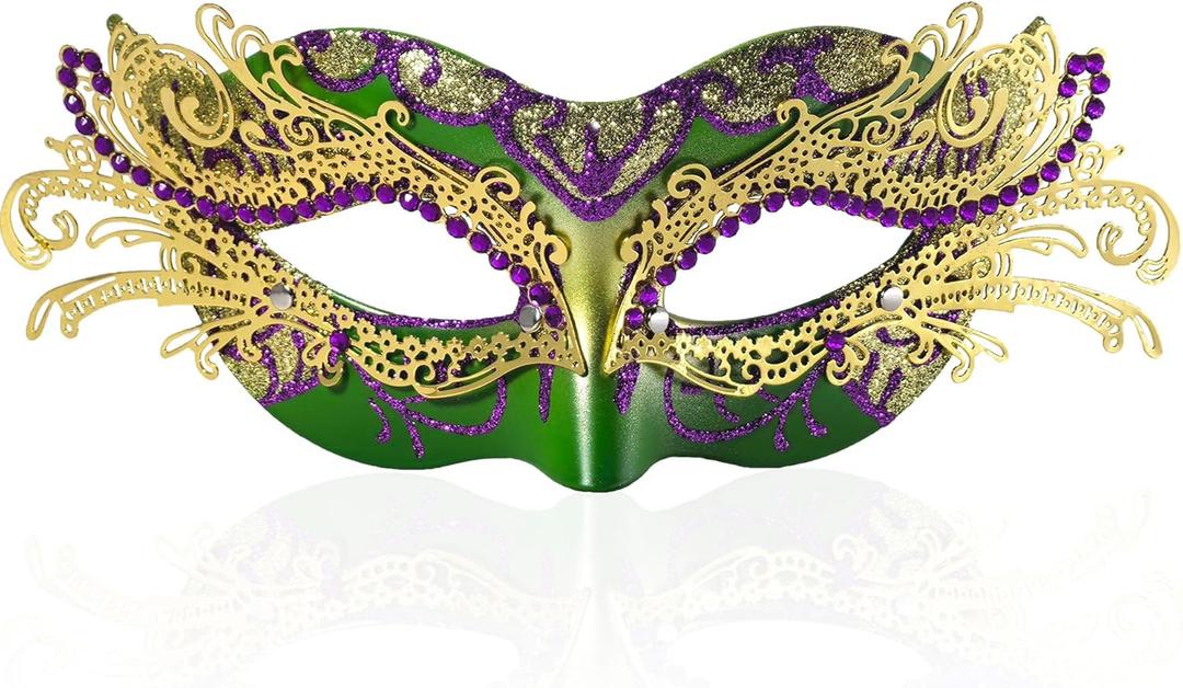 BCARICH 2025 New Masquerade Mask for Women, Metal Filigree Venetian Mask with Sparkle Rhinestone for Mardi Gras