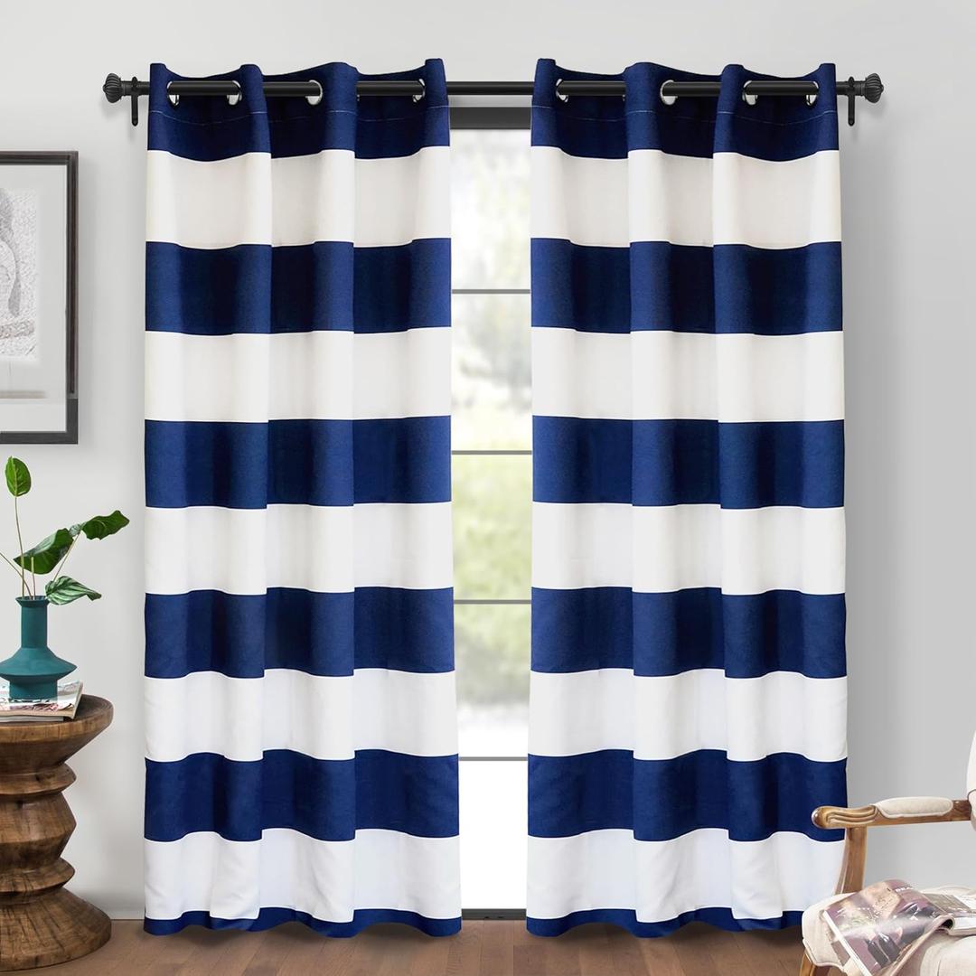 DriftAway Navy Striped Room Darkening Curtains Patriotic Horizontal Stripe Classic Grommet Drapes for Bedroom Living Room Thermal Insulated Panels for Boys Kids Holidays July 4th Labor Day (52"W x 84"L (Pack of 2), Navy and White)