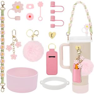 3tyto 13 Pcs Stanley Cup Accessories Set Including Water Bottle Handle Strap, Siliocne Stanley Cup Boot, Siliocne Straw Cover, Stanley Charms for Stanleys Cup 40oz & 30oz Tumbler (Light Pink)