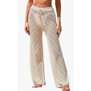 Womens Crochet Knit Elastic Waist Swimsuit Coverup Summer 2025 Striped Beach Bathing Suit Cover Up Pants, beige, size M