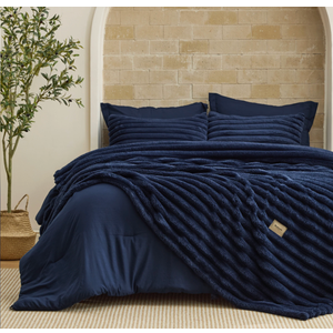 Bedsure Gentlesoft™ 2-in-1 Queen Comforter Set and Detachable Fluffy Blanket, Navy Blue Bedding Set for All Season Use, Detachable Design for Space Saving (Includes 2 Pillow Shams, 2 Pillowcases)