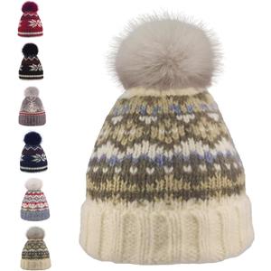 Kids Winter Knit Beanie Hat for Boys Girls Age 3-8 with Faux Fur Pom Warm Fleece Lined