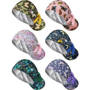 6 Pcs Satin Lined Scrub Caps Women Nurse Surgical Hat with Buttons Ponytail Working Adjustable Shower Caps Tie Back