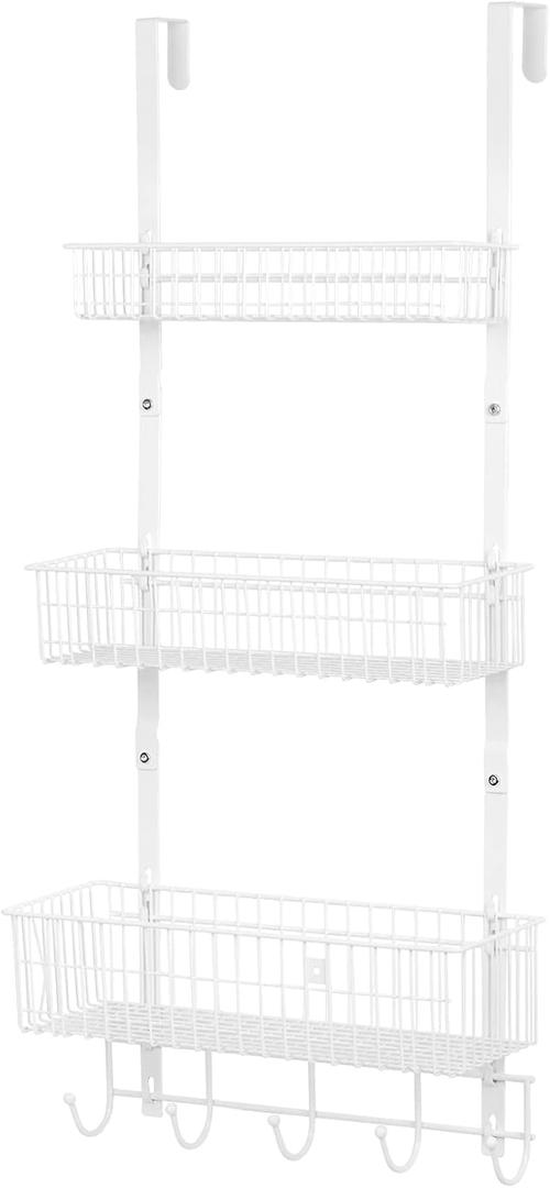 YBING Over The Door Organizer with Hooks Door Hanger Towel Rack with 3 Mesh Baskets Back of Door Hanging Shelf Organizer Behind Door Pantry Organizer for Bathroom Bedroom White
