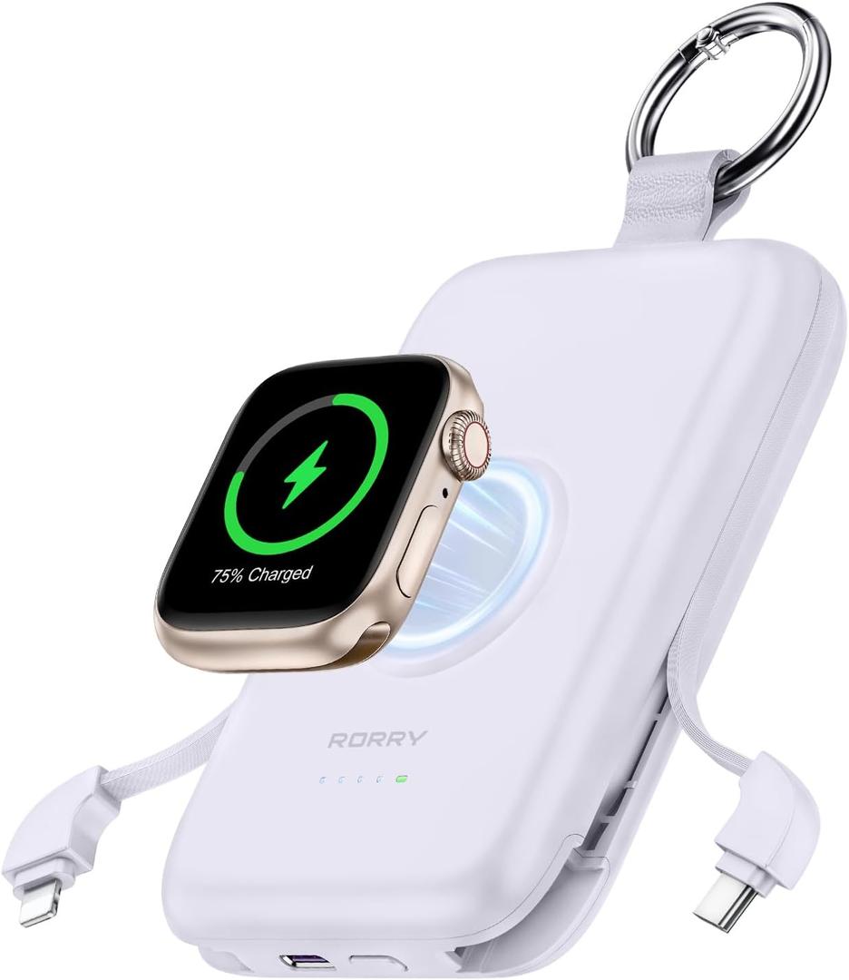 RORRY Portable Charger, 10000mAh PD 20W Fast Charging Portable Charger Power Bank with Built in Cables, Travel Battery Pack for iPhone 16/15/14/13/12/11 and Apple Watch Ultra/10/9/8/7/6/5/4/3, Purple