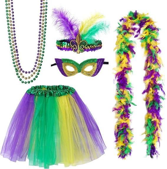 5PCS Festival Costumes Accessories for Women, Faux Feather Headband, Beads Necklaces Feather Boa, Applicable to Party Cosplay