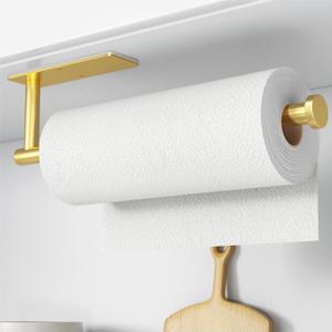 Paper Towel Holder - Self-Adhesive or Drilling, Gold, Wall Mounted, SUS304 Stainless Steel Kitchen Roll Dispenser Under Cabinet