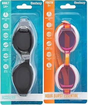 Bestway Swimming Goggles Accelera, Aqua Burst Essential, UV Protection Tinted Lens PVC Free, 2 Pack