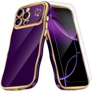 QVLANG for iPhone 16 Pro Max Case, Cute Wave Frame Curly Case, Plating Edge Soft Cover with Love Heart[1xScreen Protector]Soft TPU with[Full Camera Protection] Phone Cases for Women Girls, Deep Purple Set of 3