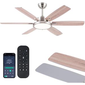 52in Ceiling Fan with Light,Modern Ceiling Fan with Light and Remote for Bedroom, Flush Mount, DC Reversible Motor, Brushed nickel lampshade with Super Bright LED Ceiling light source,3CCT, Indoor