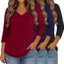 Evervibe 3 Pack Women's Plus Size Tops | 3/4 Length Sleeve, V Neck T-shirts, Loose Fit, Casual, Basic Tees, for Ladies, Size X
