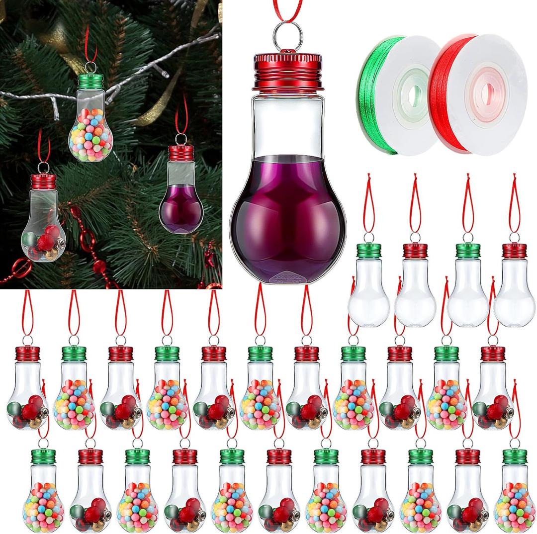 Sliner 48 Pcs Clear Christmas Fillable Light Bulb Ornaments Plastic Hanging Lightbulb Ornament Booze Balls with Ribbons for Candy DIY Crafts Xmas Christmas Tree Birthday Wedding Decoration