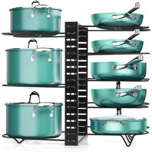 XSUPER Pots and Pans Organizer for Cabinet, 8 Tier Pot Rack Organizer with 3 DIY Methods, Adjustable Pot Lid Holders & Pan Rack for Kitchen Organizers & Storage, Black (Type B-14.96in)